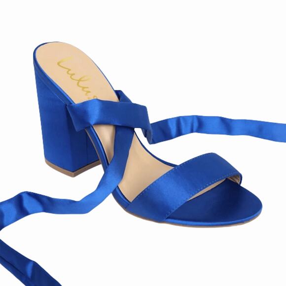 Lulus Women's Heels Sz 5 Blue Satin Lace Up 4 Inch Block Heel - Picture 3 of 8